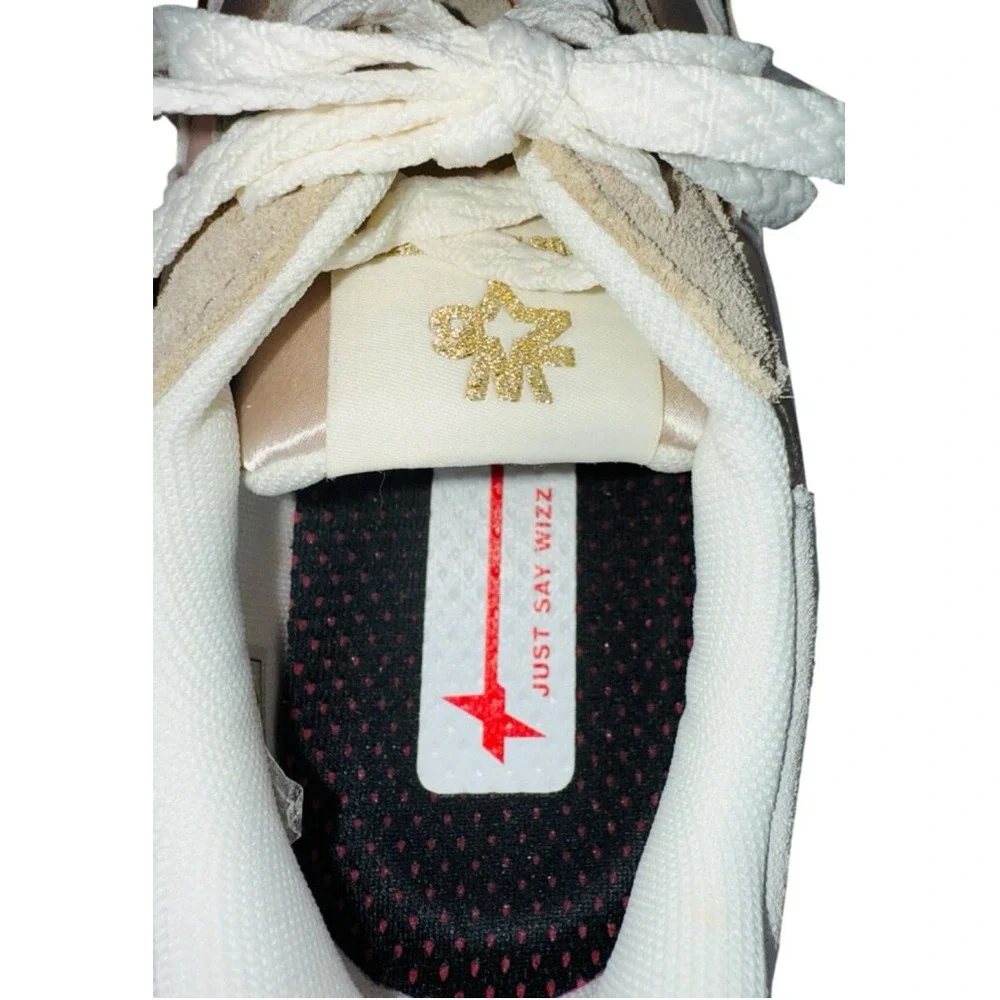 W6YZ Just Say Wizz Pink Satin Beige Suede Women's Lace Up Sneakers Size 7 NWOB